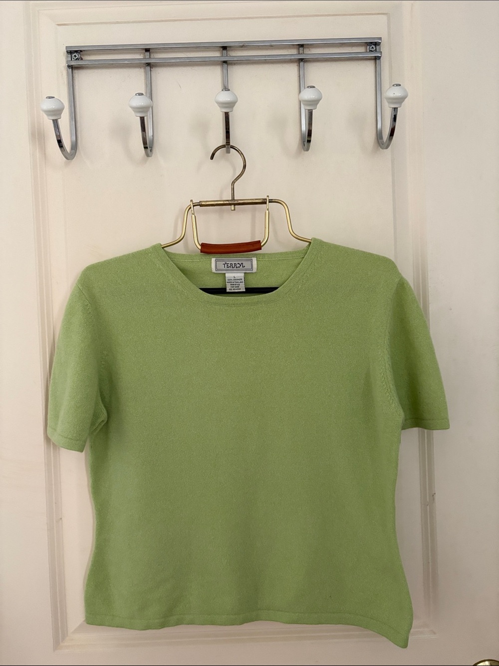 Vintage Sage Green Short Sleeve Crewneck Knit Top 100% Cashmere